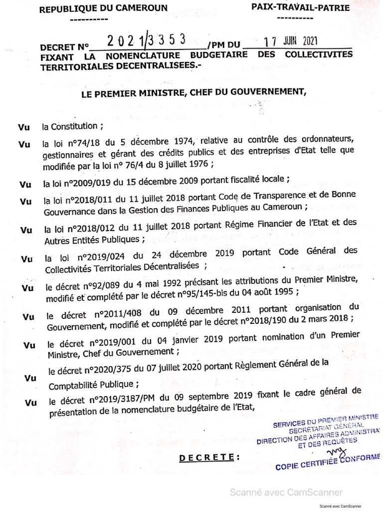 Decret PM 3353 Nomenclature Budgétaire CTD Et Annexe 2021 | PDF