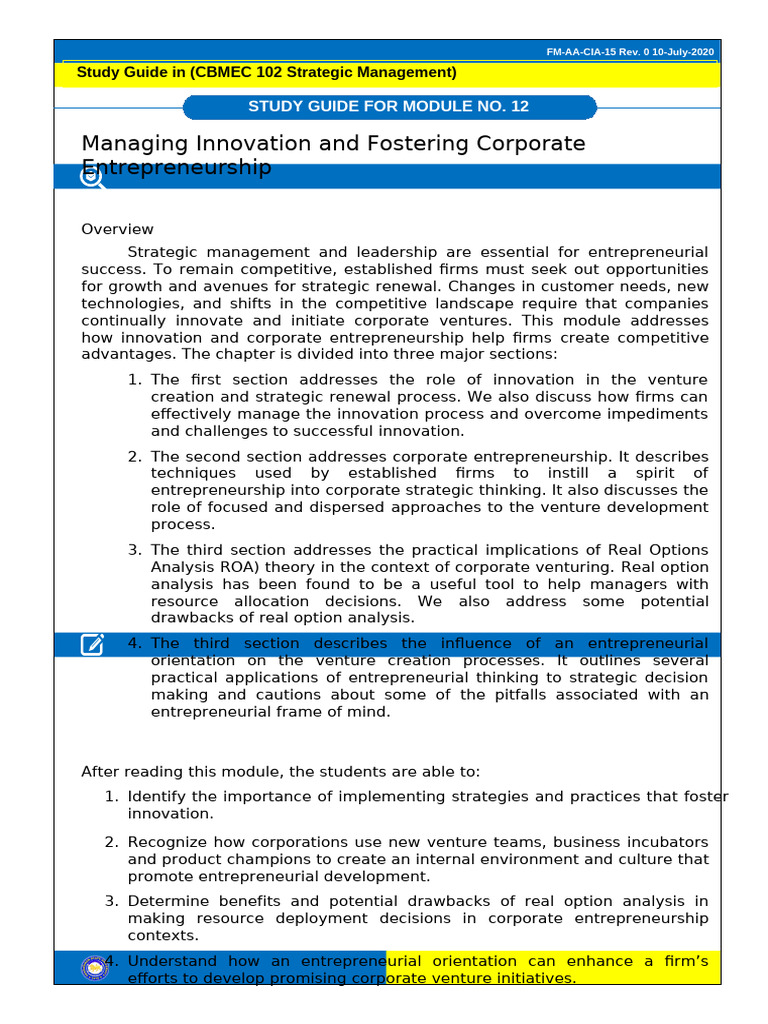 Managing Innovation in Strategic Management | PDF | Entrepreneurship ...