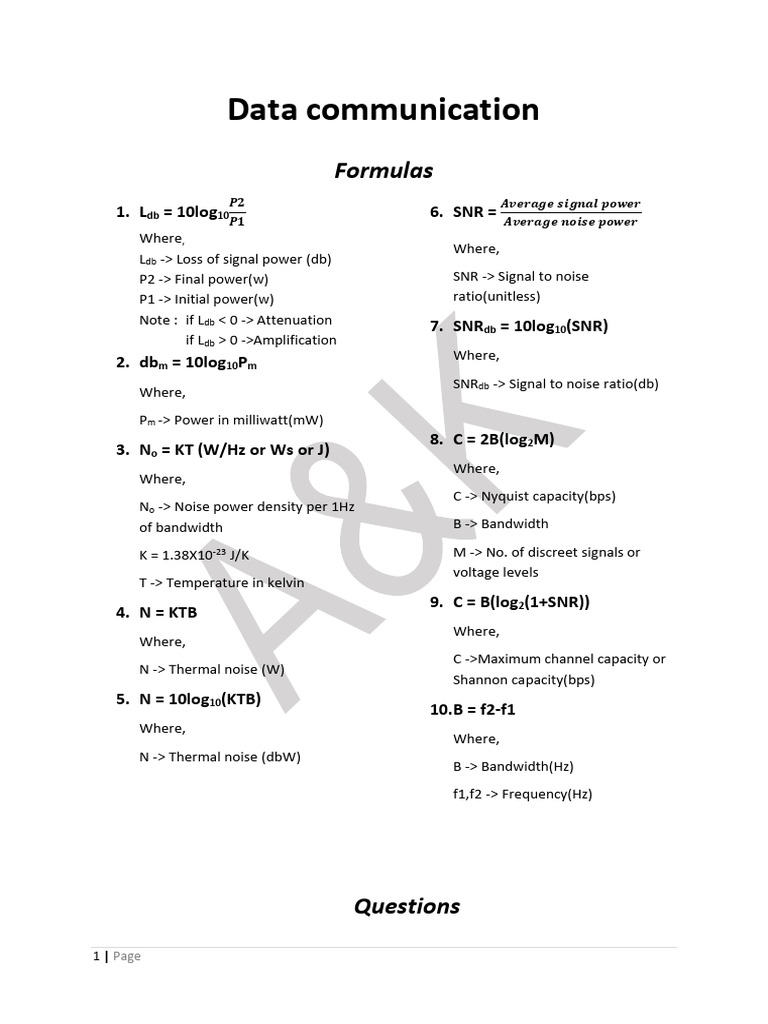 Data Communication Formulas and Calculations | PDF | Signal To Noise ...