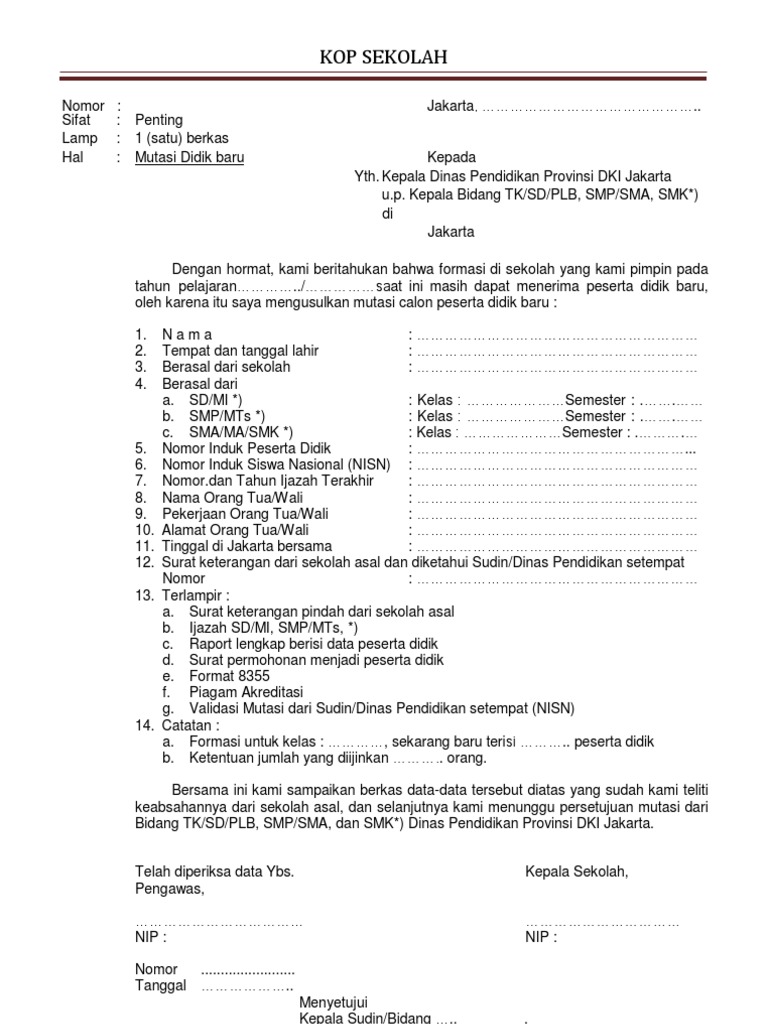 Contoh Surat Mutasi Siswa Dapodik Doc Nusagates