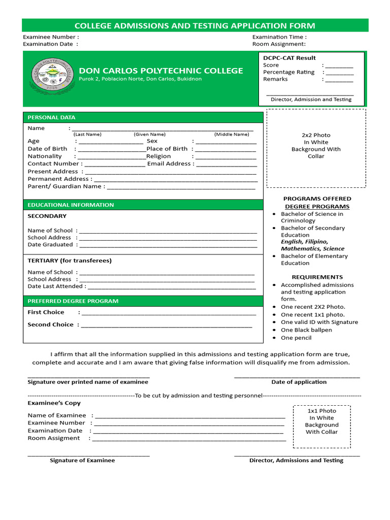 Don Carlos Polytechnic College Admissions Form | PDF