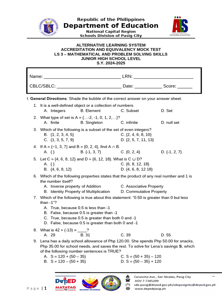 ALS Math Mock Test for Junior High | PDF | Sampling (Statistics) | Foot ...