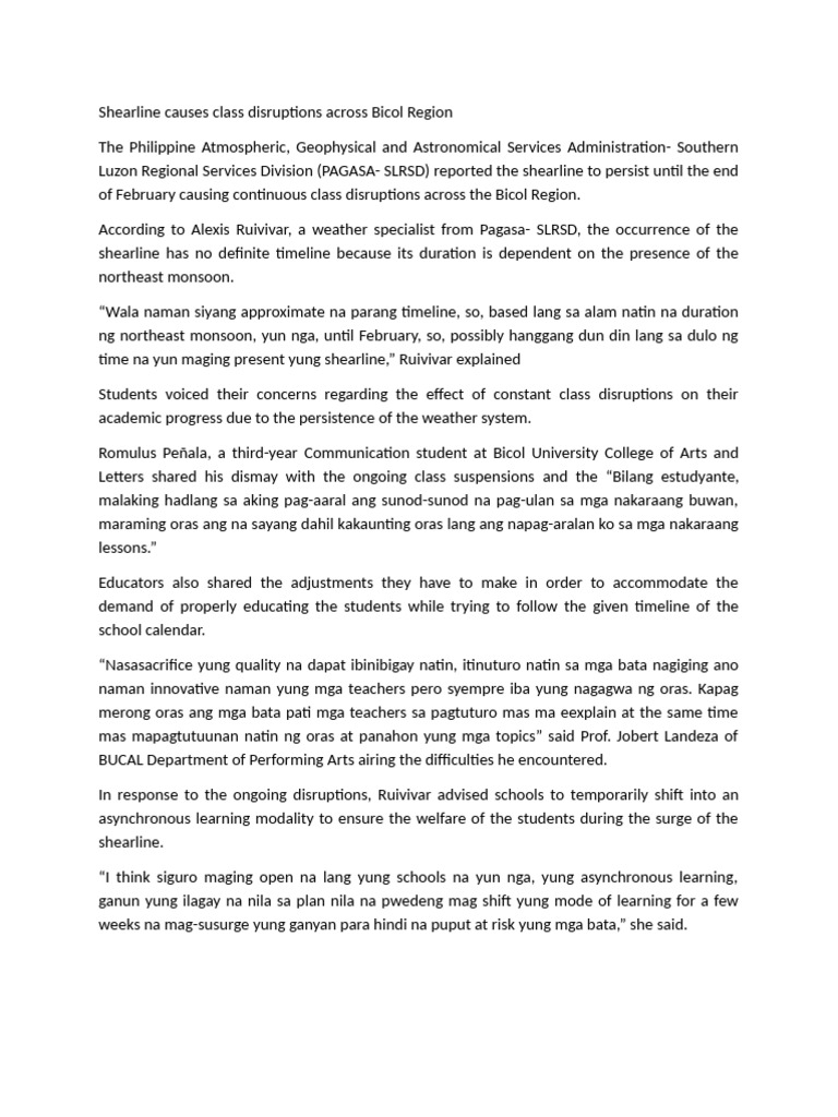 PAGASA Shearline Causes Class Disruptions Across Bicol Region | PDF ...