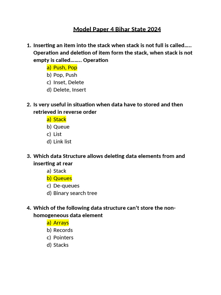 Bihar State Model Paper 2024: Data Structures | PDF | Computer Network ...