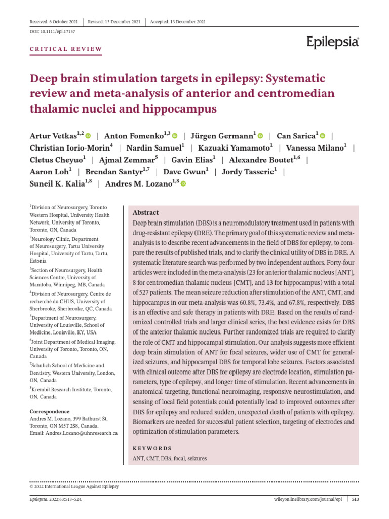 Deep Brain Stimulation Targets in Epilepsy Systema | PDF | Deep Brain ...
