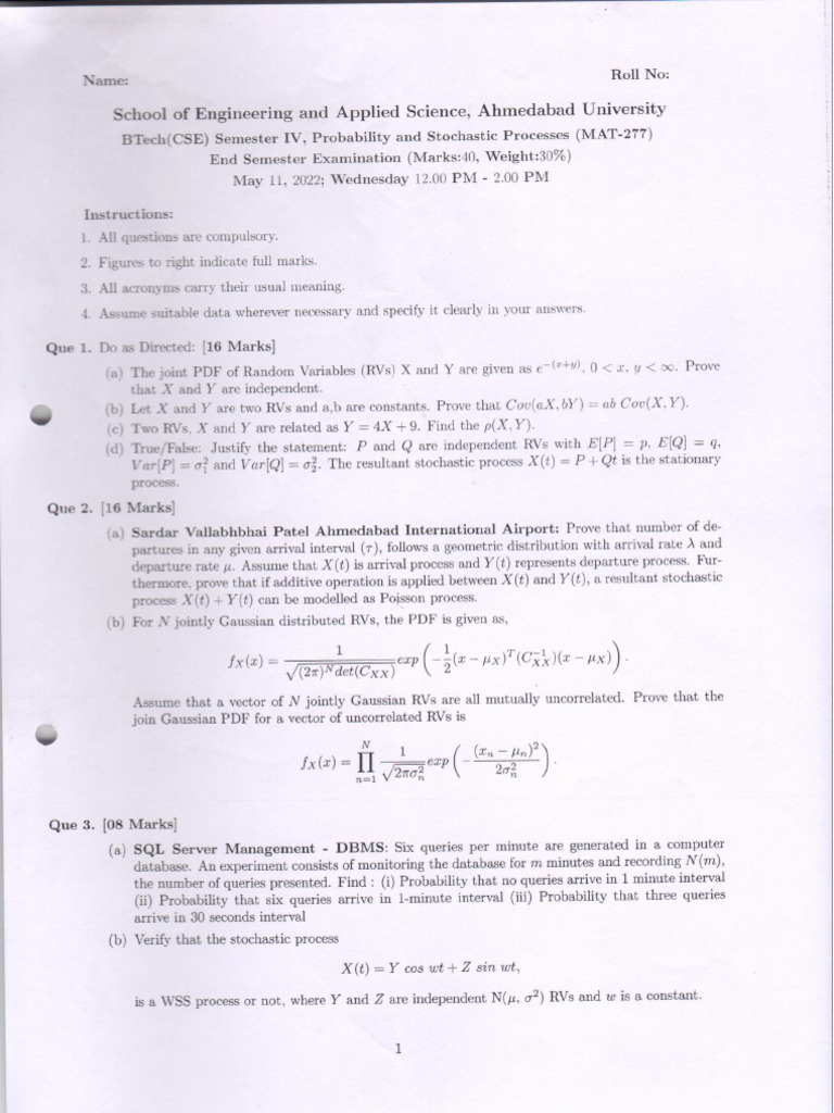 Mat 277 Probability and Stochastic Processes | PDF