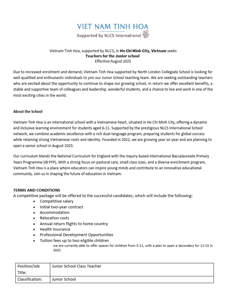 Junior School Teacher Positions in Vietnam | PDF | Teachers | Skill