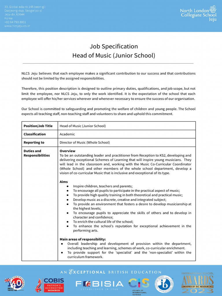 Head of Music Job Specification - Junior School | PDF | Learning