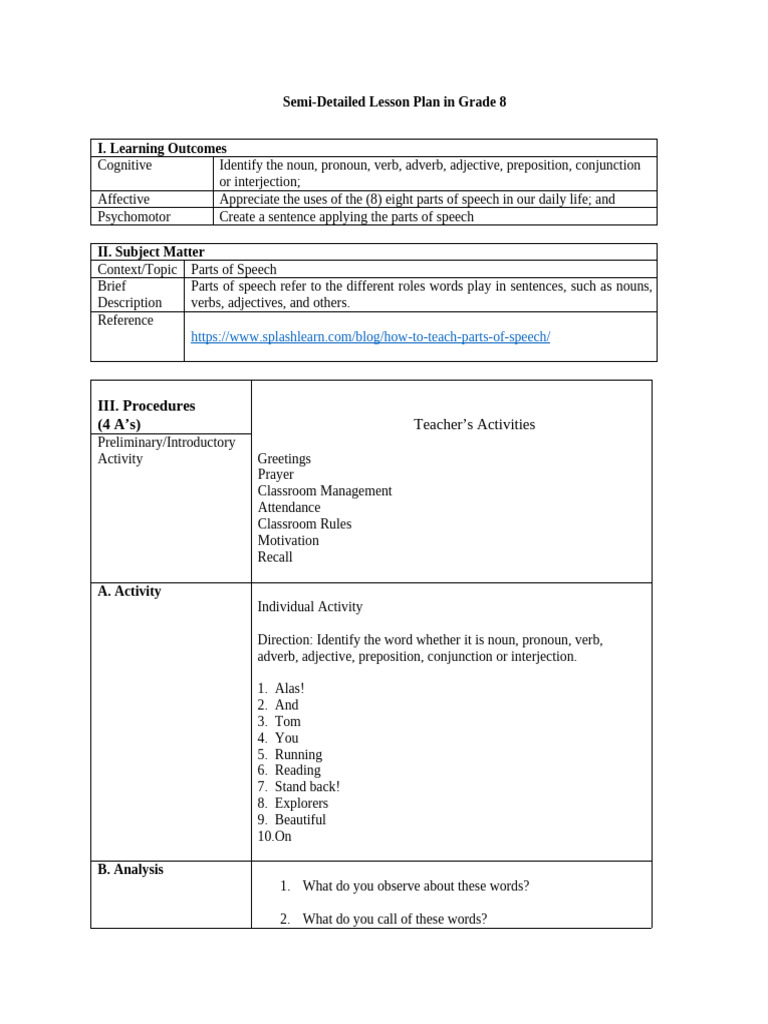 Grade 8 Parts of Speech Lesson Plan | PDF | Part Of Speech | Adverb