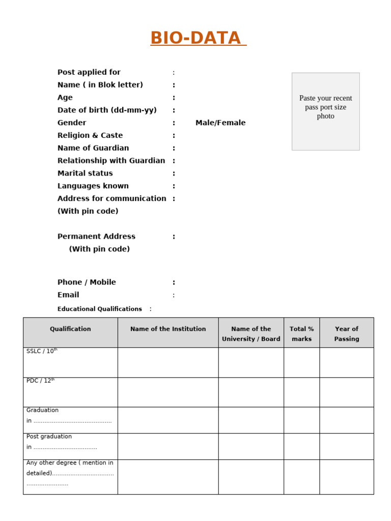 Bio data format 37 pdf