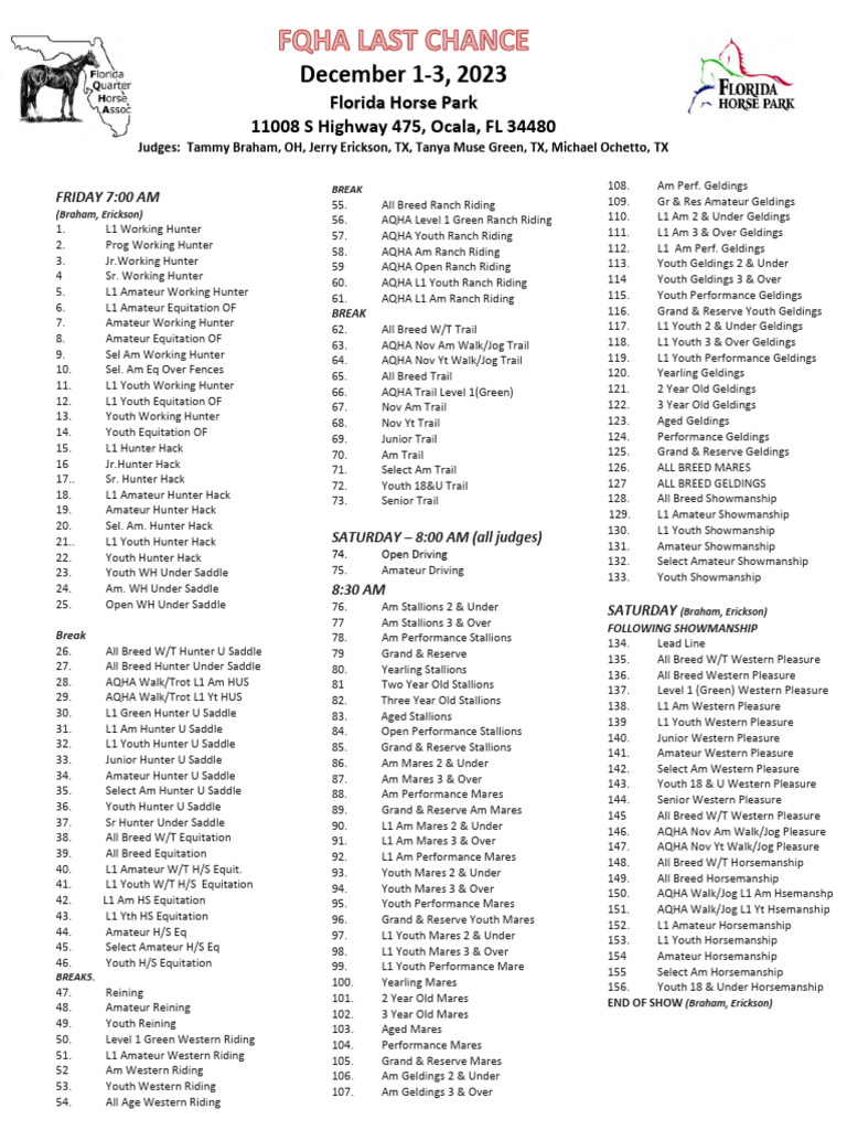 Ocala Horse Show Schedule 2023 | PDF | Horse Breeding And Studs | Equus ...