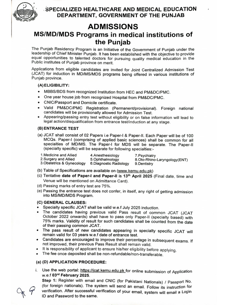 Admission Notice Regarding JCAT For Admission in MSMDMDS April2025 | PDF