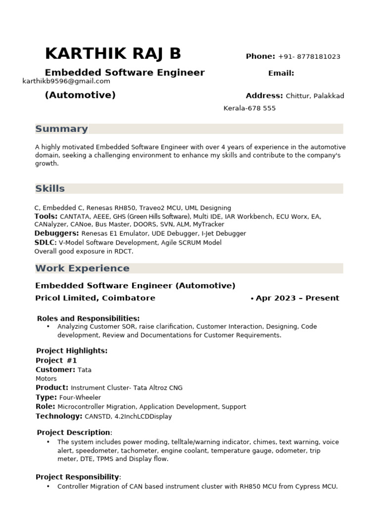 Automotive Embedded Software Engineer Resume | PDF | Microcontroller ...