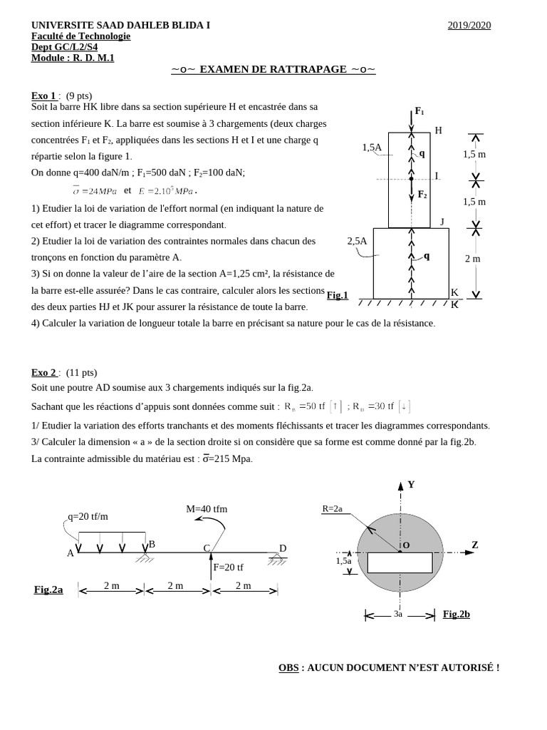 Examen Rattrapage RDM 2019-2020 | PDF | Flexion (matériau) | Phénomène ...