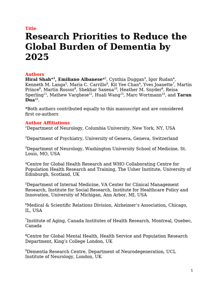 Research Priorities To Reduce The Global Burden of Dementia by 2025 ...
