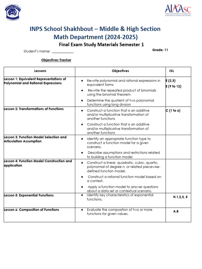 Math Exam Study Guide for Grade 11 | PDF | Polynomial | Function ...