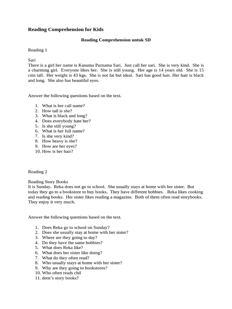 Reading Comprehension Exercises for Kids | PDF