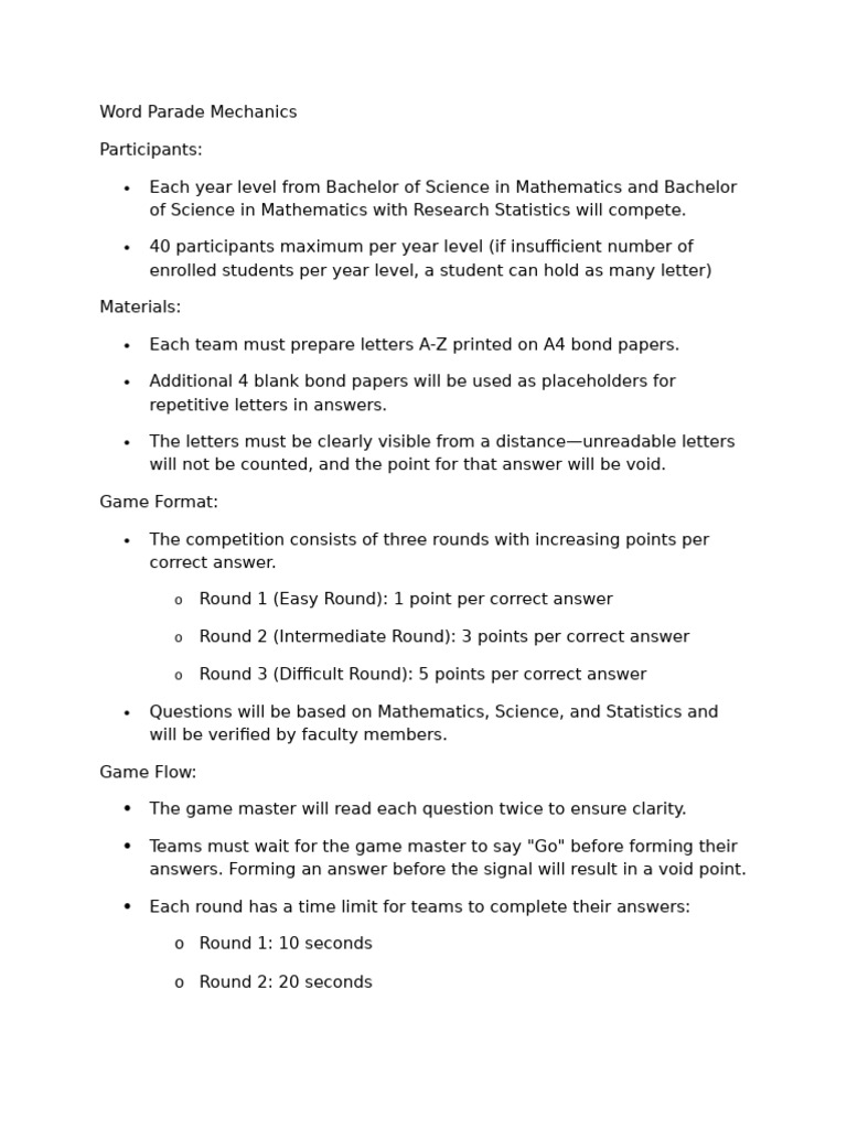 Word Parade Competition Rules and Format | PDF
