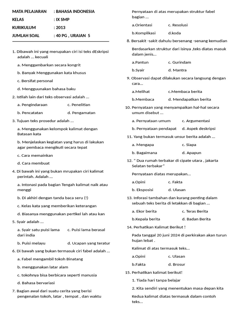 Soal Bahasa Indonesia Kelas IX SMP 2013 | PDF