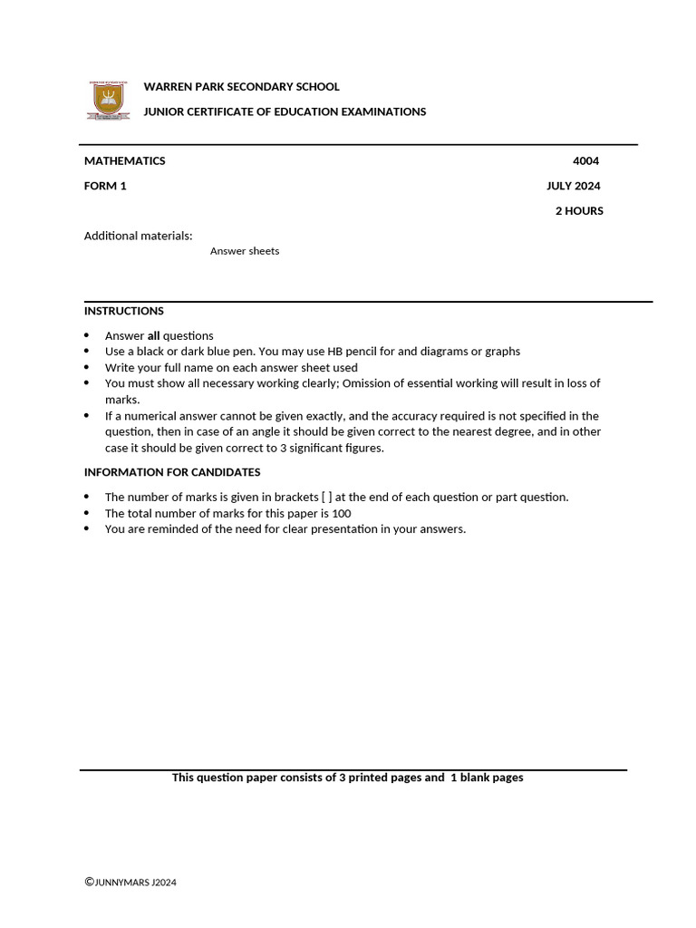 Form 1 Maths Midyear24 Pdf Numbers Mathematics