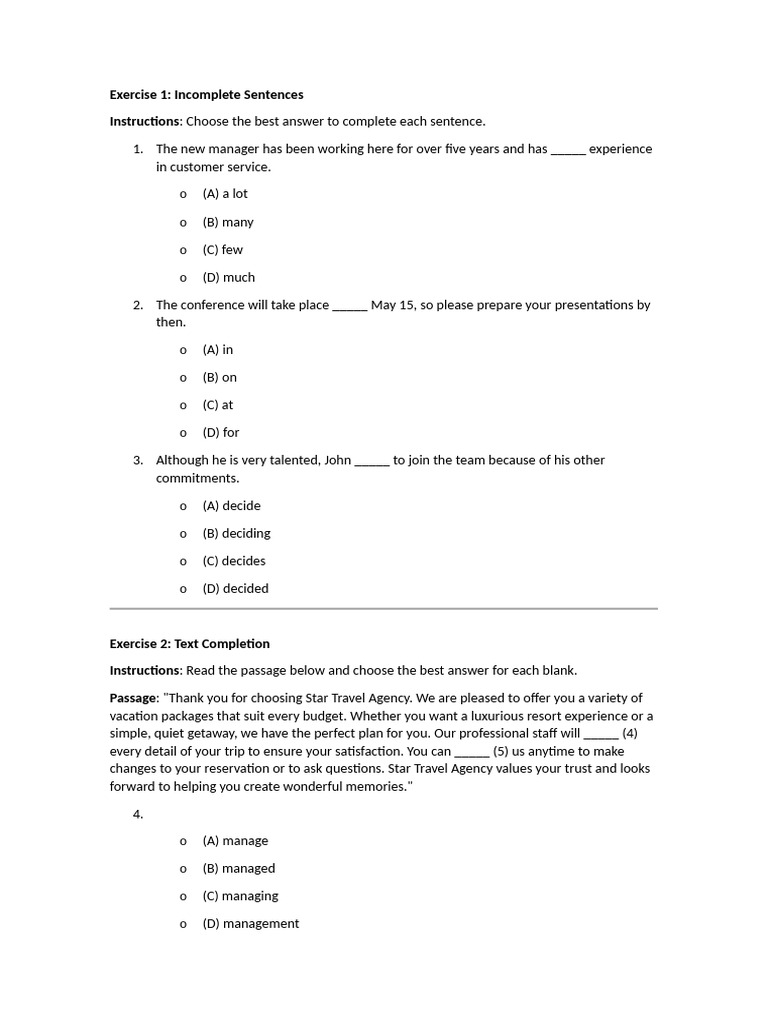 TOEIC B1 Practice Exercises | PDF | Hotel