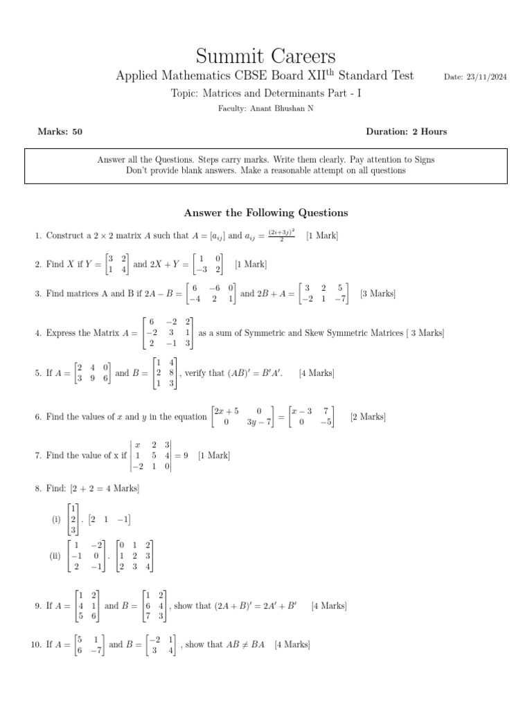Matrices and Determinants Test Paper | PDF | Matrix (Mathematics ...