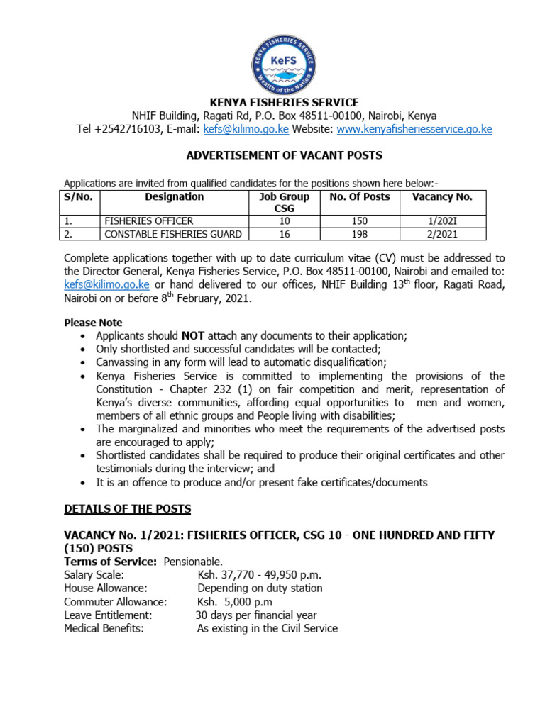 Kenya Fisheries Service Job Vacancies | PDF | Aquaculture