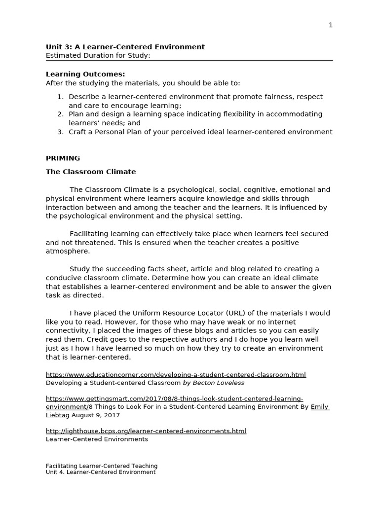 Unit 3 A Learner Centered Environment 2 | PDF | Learning | Distance ...