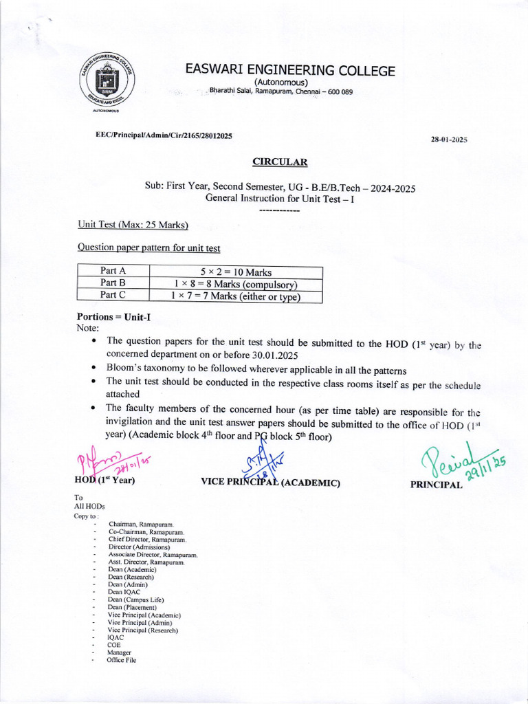 Unit Test Guidelines for B.E/B.Tech 2025 | PDF | Science | Engineering