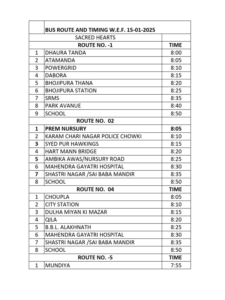 Bus Route and Timing W.E.F. 15-01-25 | PDF | Public Transport