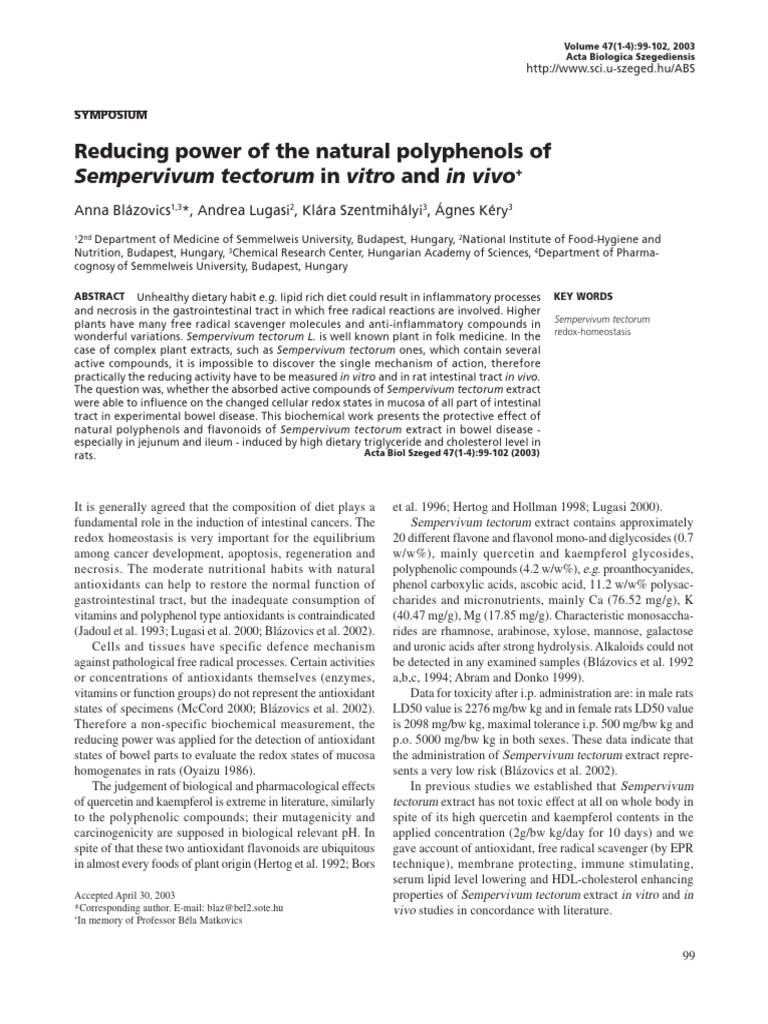 Antioxidant Effects of Sempervivum tectorum | PDF | Gastrointestinal ...