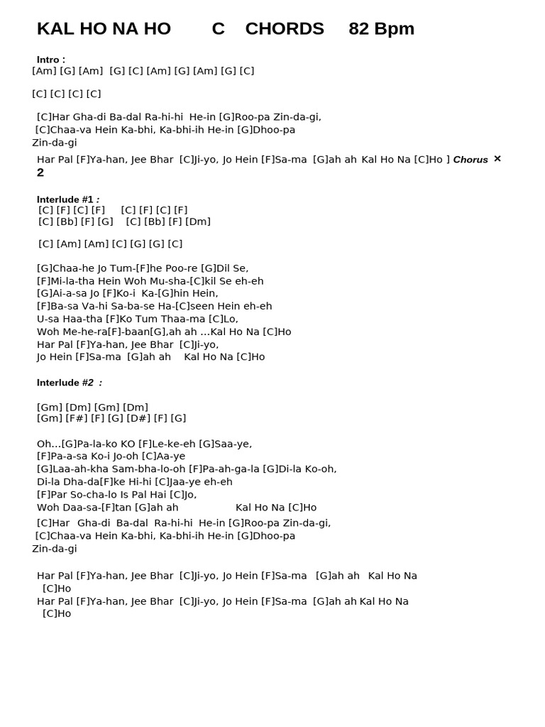 Kal Ho Na Ho C Chords | PDF