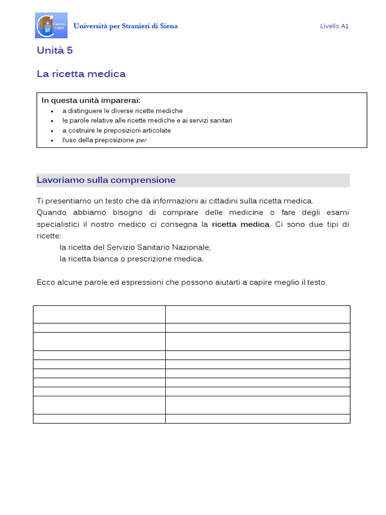 Unità 5 La Ricetta Medica: Lavoriamo Sulla Comprensione | PDF