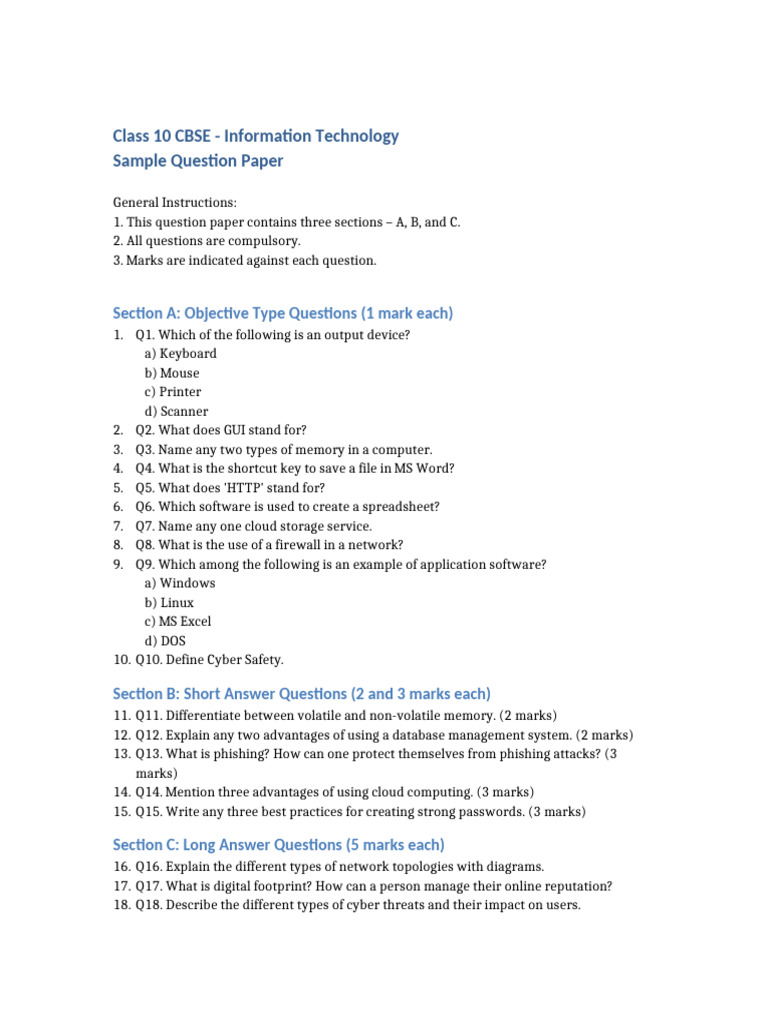 Class 10 IT Sample Question Paper | PDF