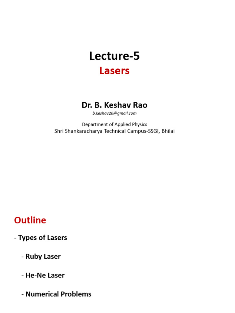 Lasers Lecture-5 Ruby Laser, He-Ne Laser & Numerical Problems | PDF ...