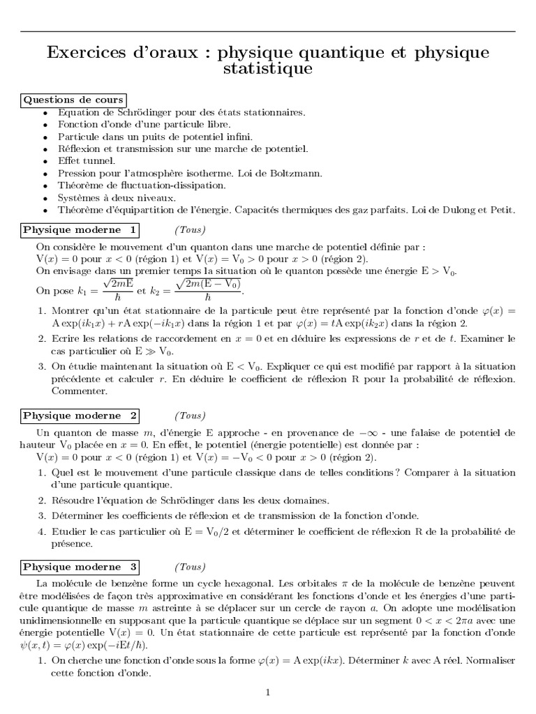 Exercices de physique quantique et statistique | PDF | Fonction d'onde ...