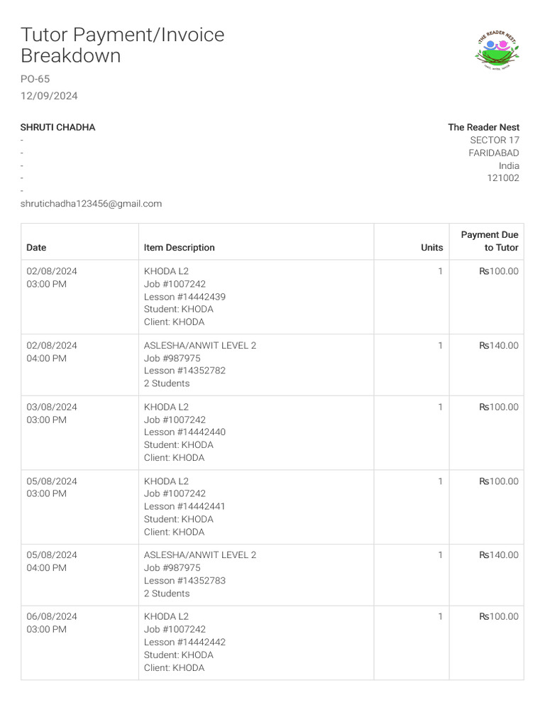 Tutor Payment Invoice Summary | PDF