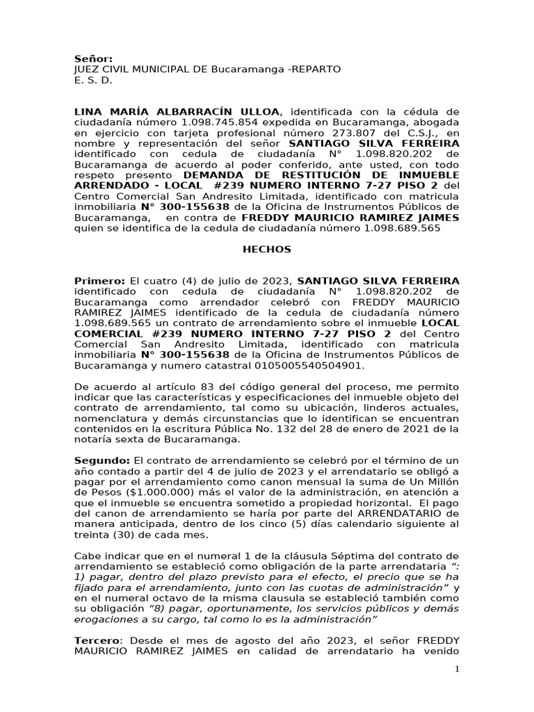 Demanda de Restitución de Inmueble Arrendado | PDF | Ley común ...