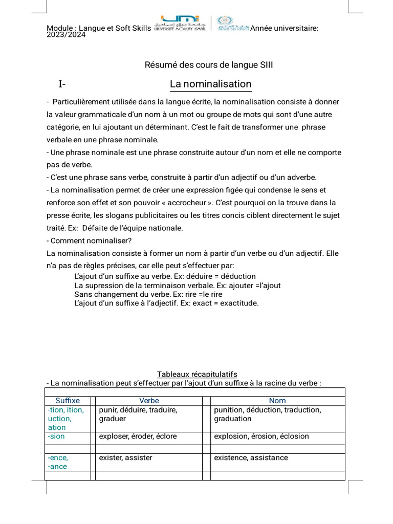 La nominalisation en français | PDF | Verbe | Phrase