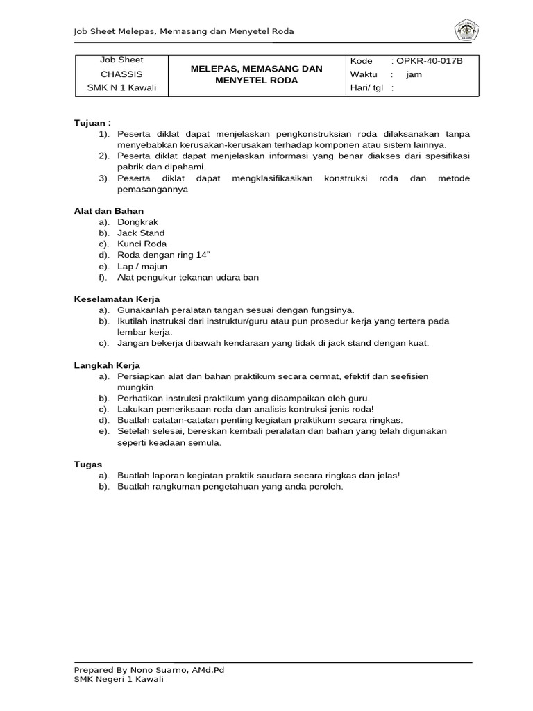 Prosedur Melepas dan Memasang Roda | PDF
