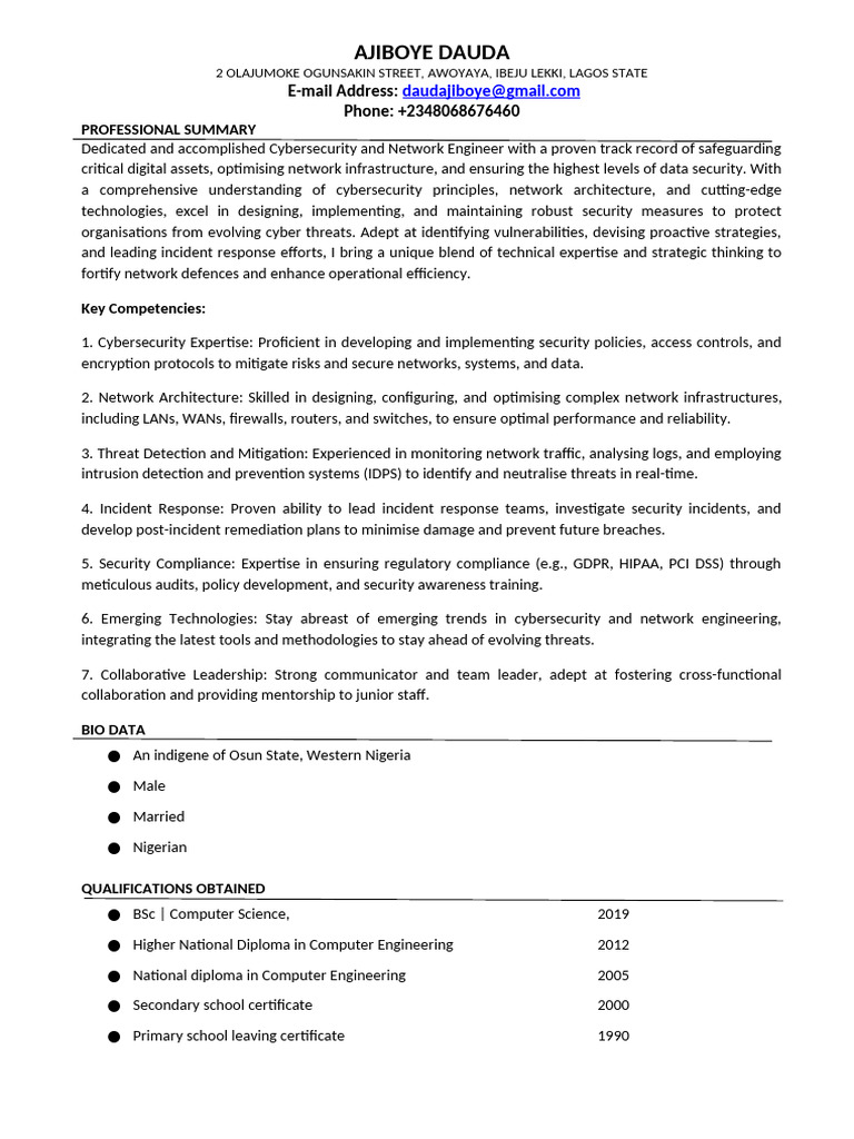 Cybersecurity & Network Engineer Profile | PDF | Security | Computer ...