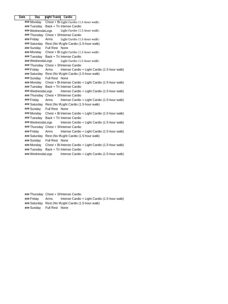 Weekly Workout Schedule: Strength & Cardio | PDF