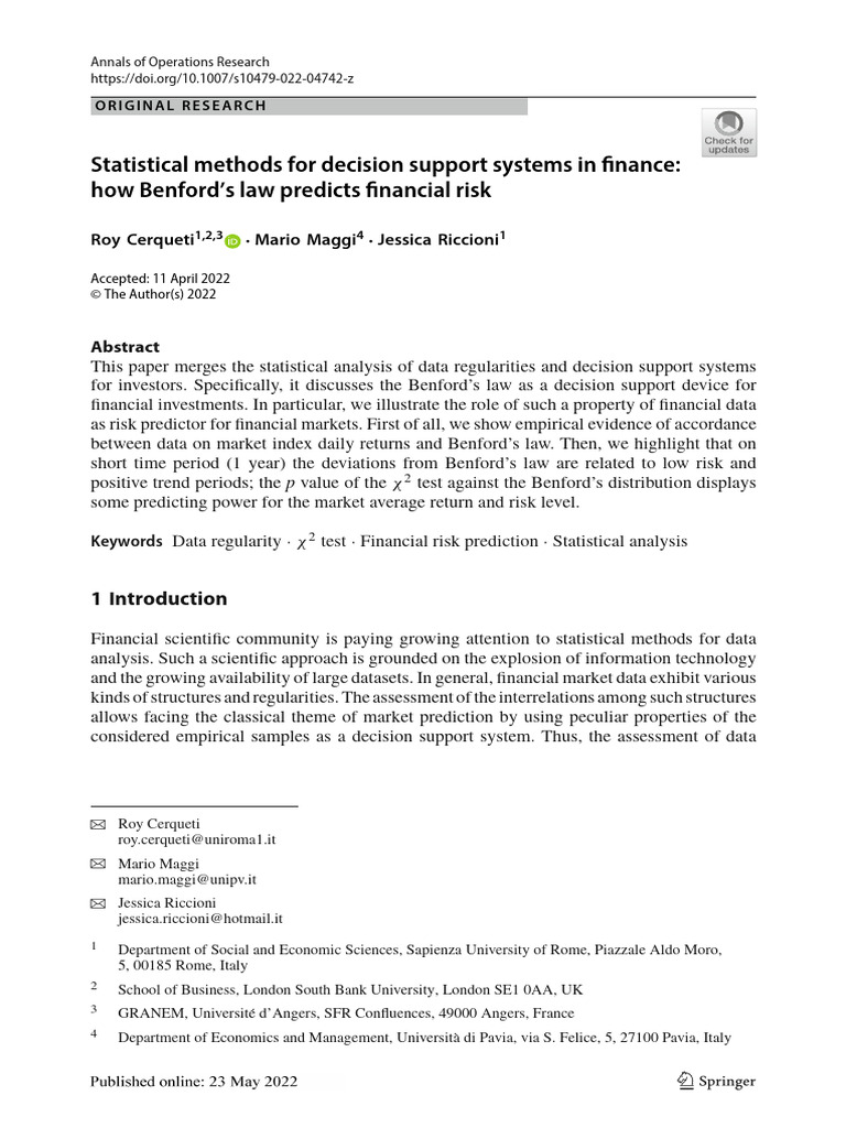 Statistical Methods For Decision Support Systems in Finance How Benford ...