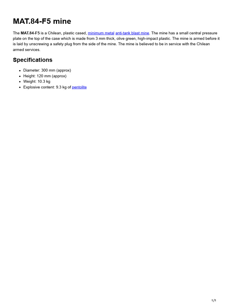 MAT.84-F5 Chilean Anti-Tank Mine Specs | PDF