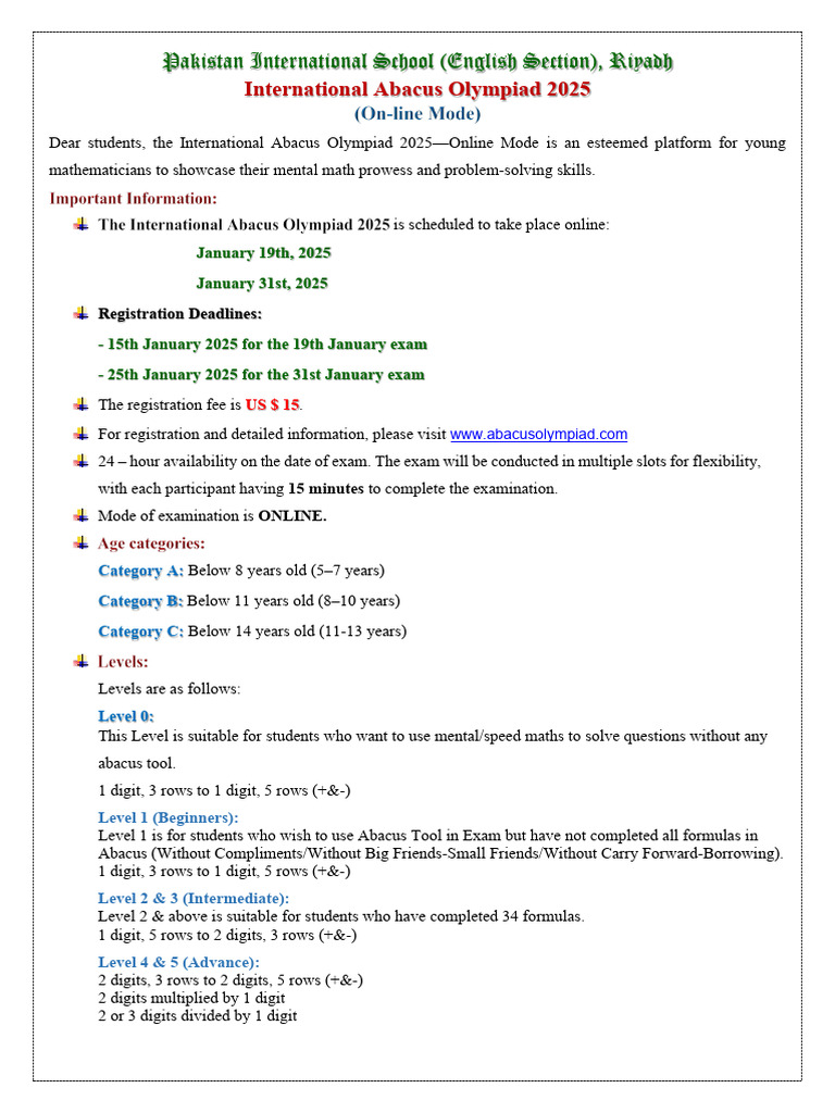 International Abacus Olympiad 2025 Details | PDF