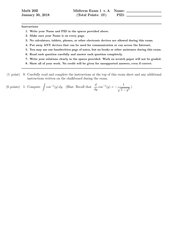 Math 20B Midterm Exam 1 Instructions | PDF