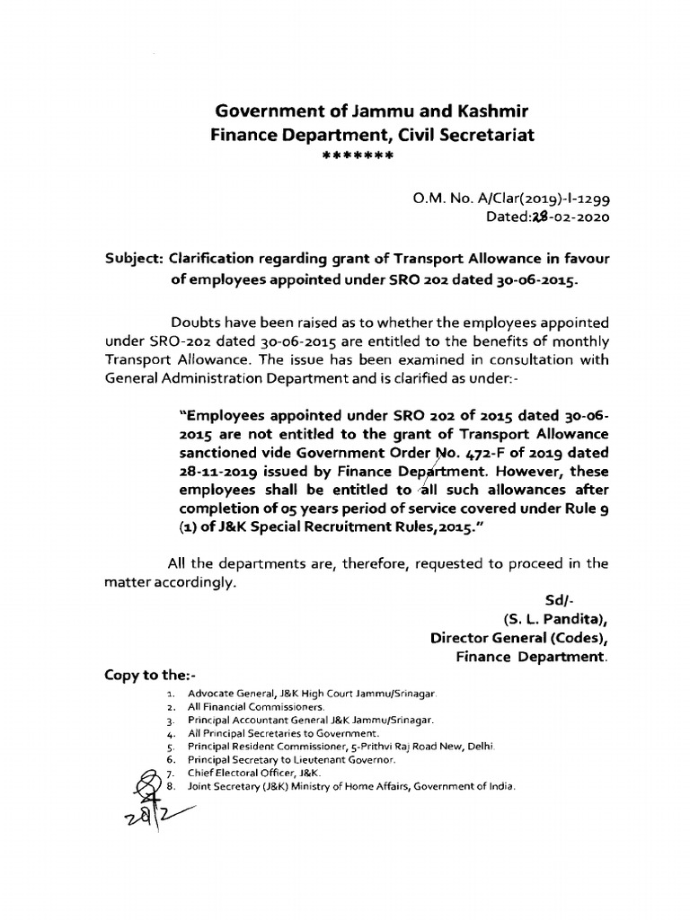 Transport Allowance Clarification J&K | PDF | Government Of India ...