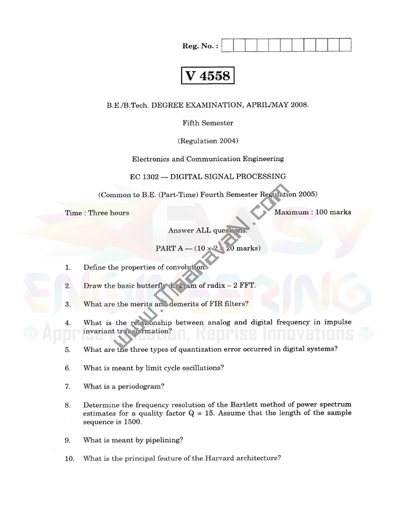 Digital Signal Processing Exam Questions | PDF | Digital Signal ...