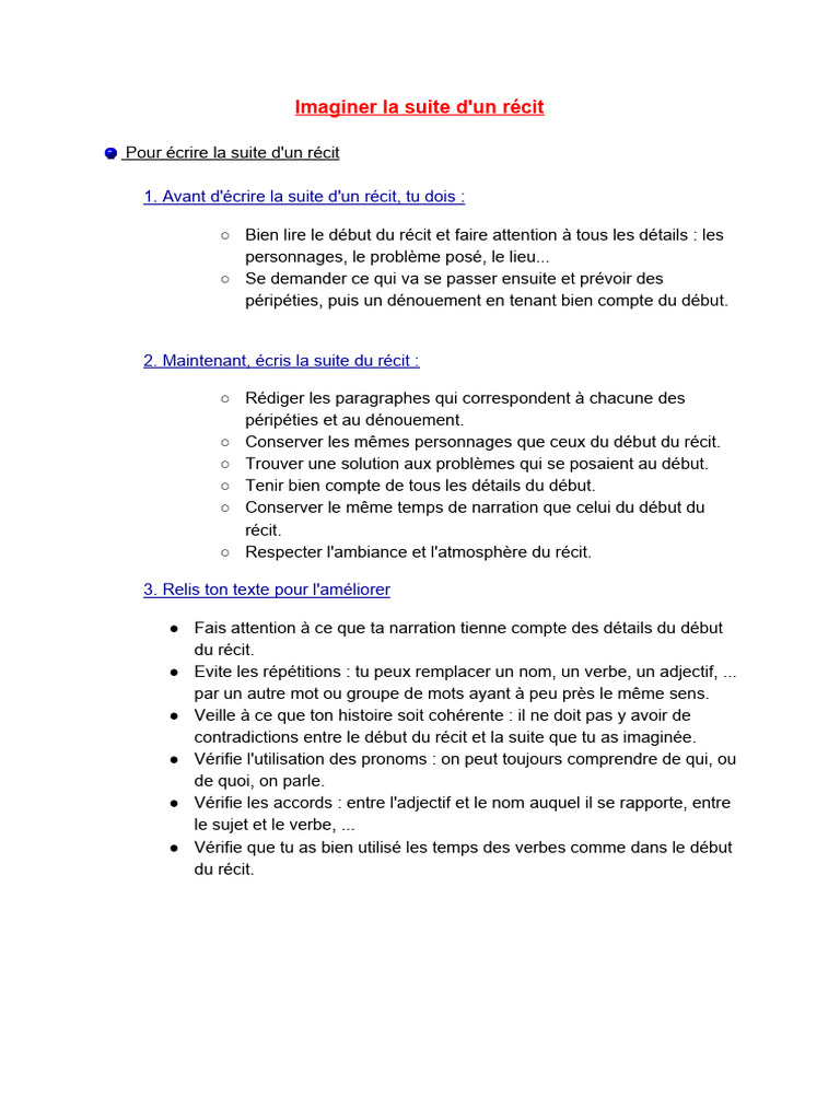 Écrire la suite d'un récit en français | PDF