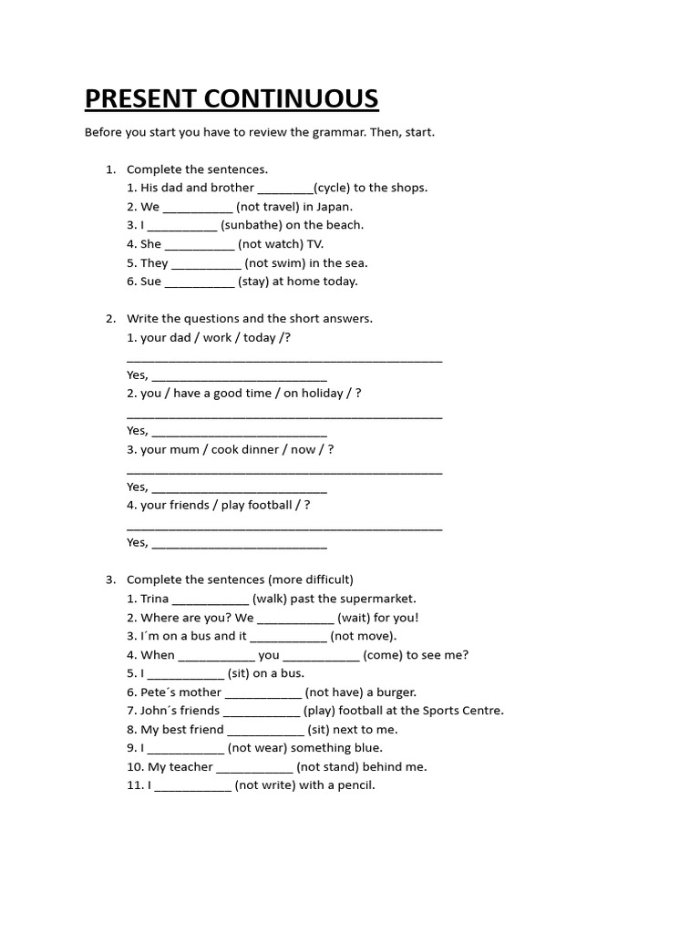 Present Continuous Grammar Exercises | PDF